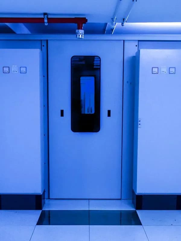 Server racks with closed door and fire suppression sprinkler