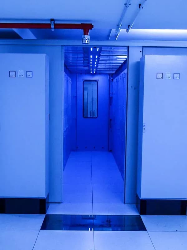 Server racks with open door and fire suppression sprinkler